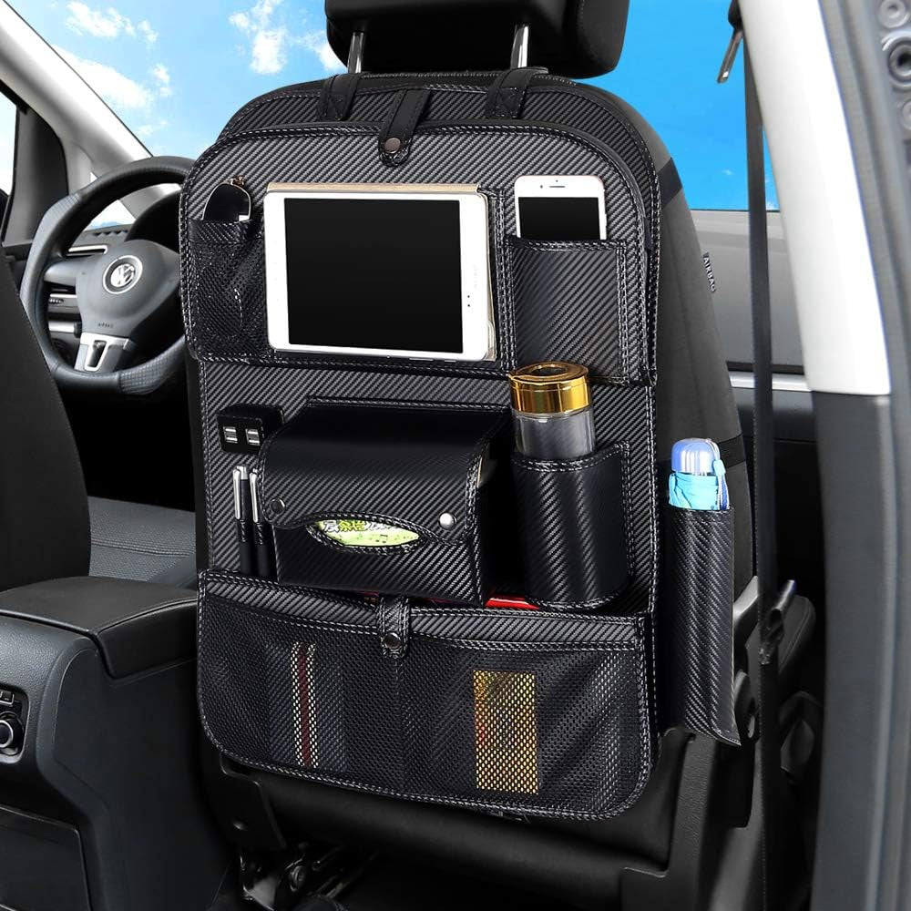 Car Seat Back Organizer with 4 USB Charger Car PU Leather Backseat Organizer Travel Multifunction Storage Pocket Universal Auto Interior Accessories