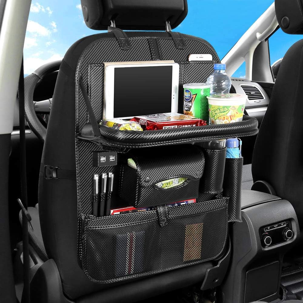 Car Seat Back Organizer with 4 USB Charger Car PU Leather Backseat Organizer Travel Multifunction Storage Pocket Universal Auto Interior Accessories